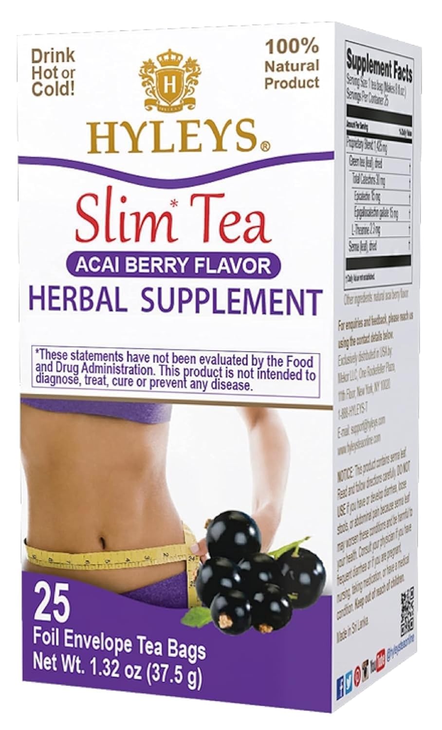 HYLEYS Slim Tea Acai Berry Flavor - Weight Loss Herbal Supplement Cleanse and Detox - 25 Tea Bags (1 Pack)