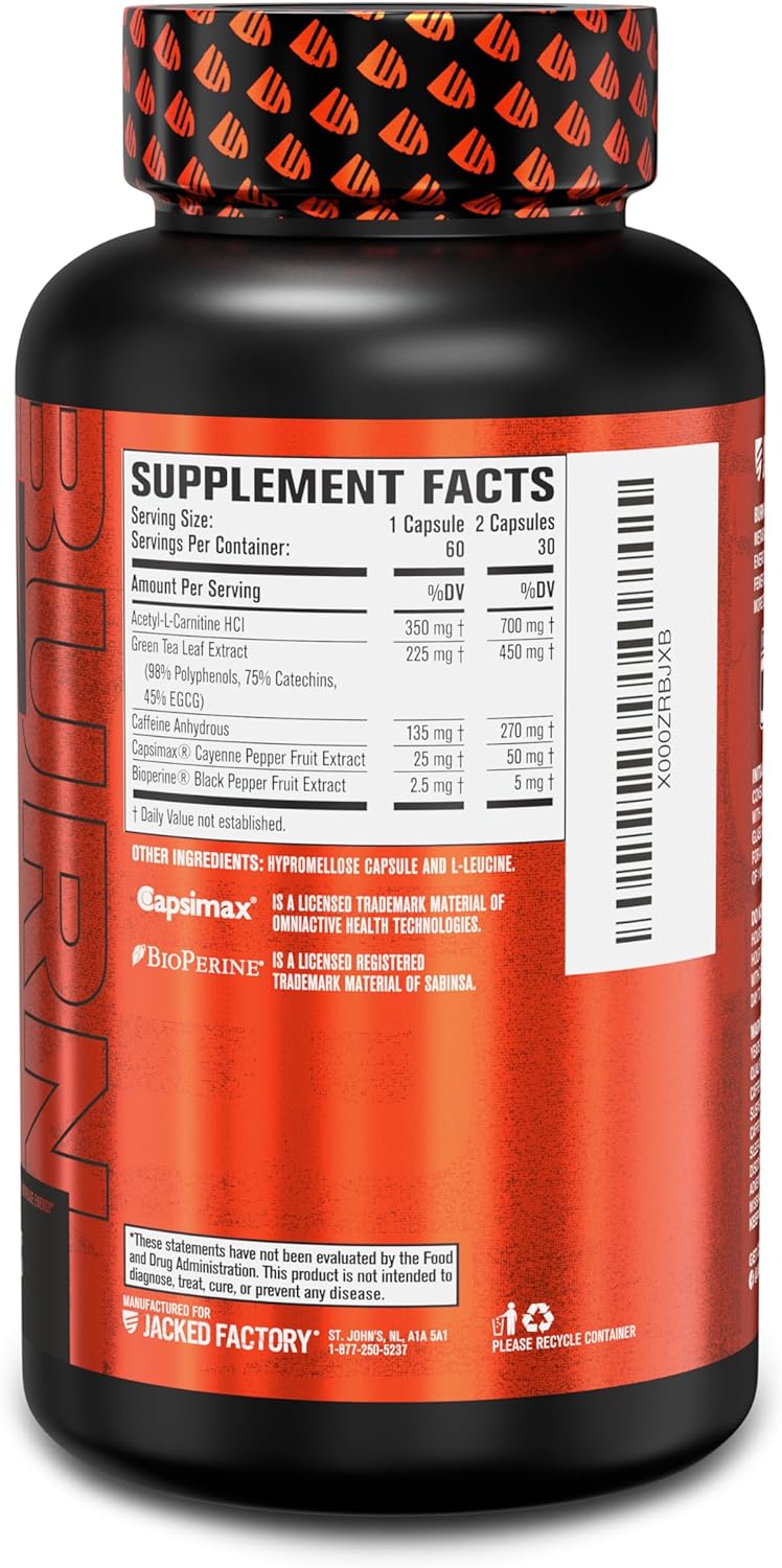 Jacked Factory Burn-XT Clinically Studied Fat Burner  Weight Loss Supplement - Appetite Suppressant  Energy Booster - with Acetyl L-Carnitine, Green Tea Extract and More - 60 Natural Diet Pills