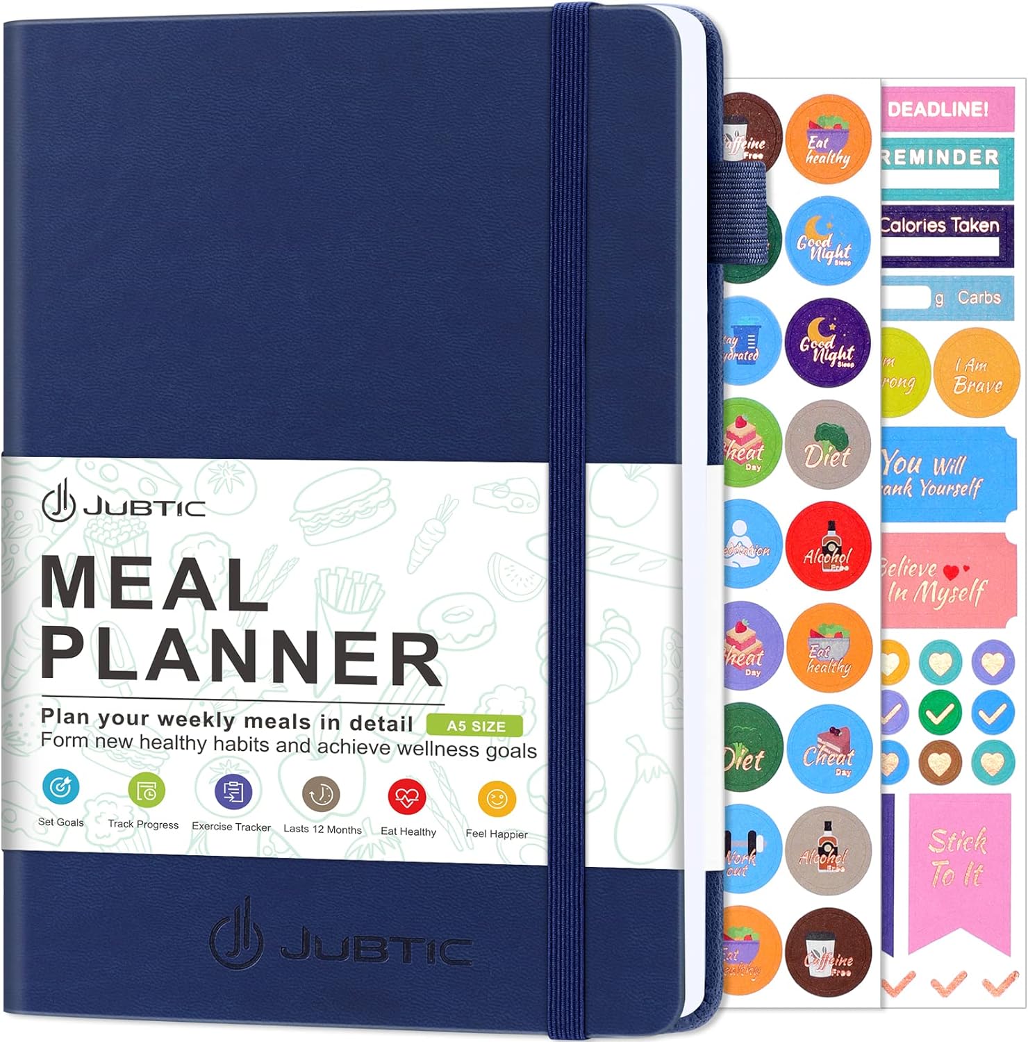 JUBTIC Weekly Meal Planner Notebook, Daily Meal Prep Journal with Shopping and Grocery Lists for Food Planning Menu Planning Healthy Diet or Weight Loss Tracking, Last 1 Year,Undated, A5, Navy Blue