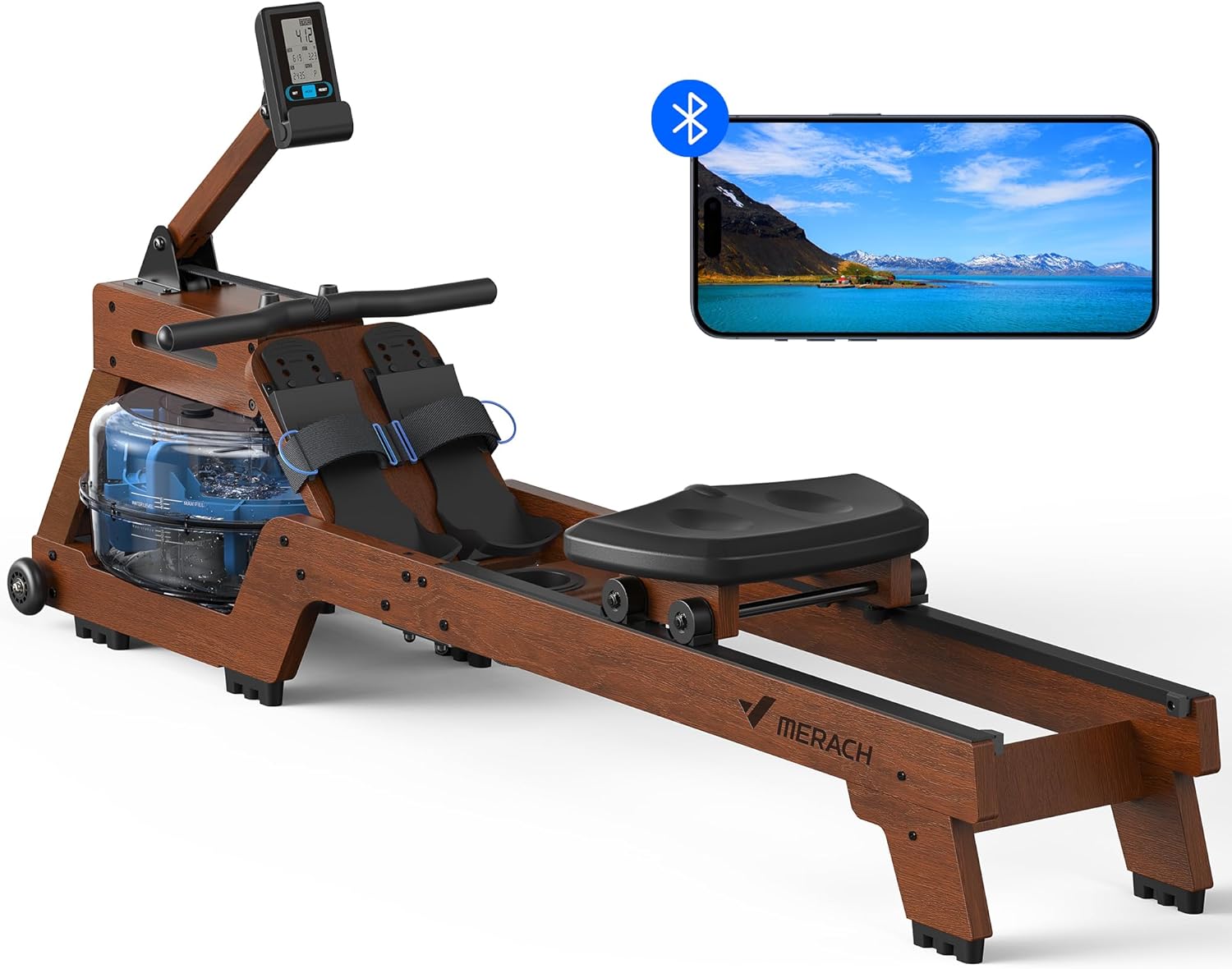 MERACH Water Rowing Machine for Home Use, Finest Solid Wood Row with Professional Monitor, Bluetooth-Connected APP for Immersive Rower, Newly Upgraded Seat Cushion and 10 Min Easy Assembly, Max 330lb