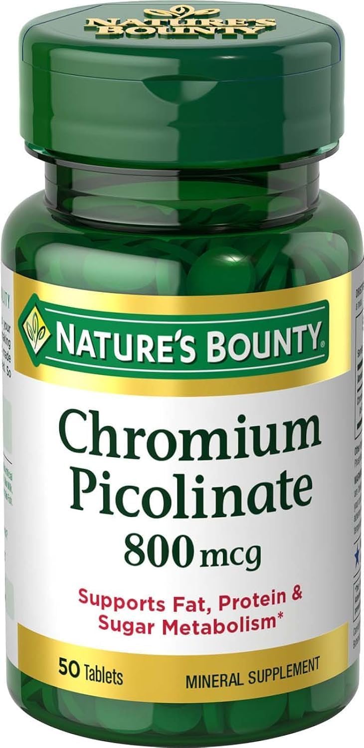 Natures Bounty Chromium Picolinate, Supports Fat, Protein  Sugar Metabolism, Mineral Supplement, 800 mcg, 50 Tablets