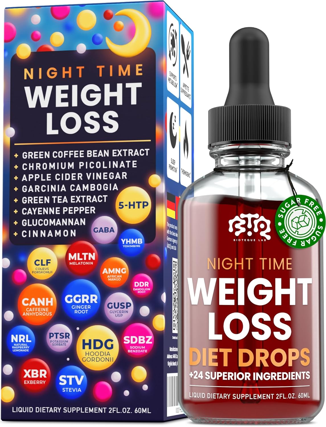Night Time Weight Loss Diet Drops - Appetite Control, Fat Burner, Metabolism Booster - Apple Cider Vinegar - Cinnamon - Cayenne Pepper