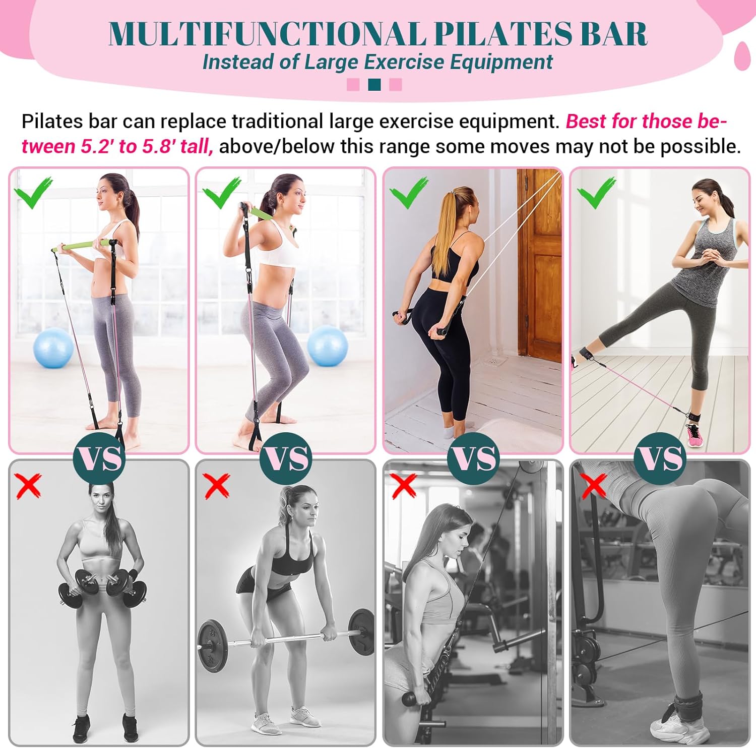 Pilates Bar Kit with Resistance Bands, Multifunctional Yoga Pilates Bar with Heavy-Duty Metal Adjustment Buckle, Portable Home Gym Pilates Resistance Bar Kit for Women Full Body Workouts