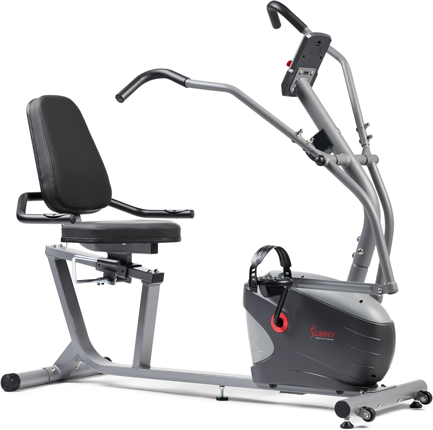 Sunny Health Fitness Compact Performance Recumbent Bike with Dual Motion Arm Exercisers, Quick Adjust Seat Optional Exclusive SunnyFit App Enhanced Bluetooth Connectivity