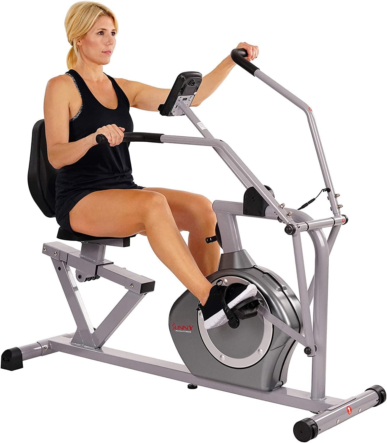 Sunny Health Fitness Compact Performance Recumbent Bike with Dual Motion Arm Exercisers, Quick Adjust Seat Optional Exclusive SunnyFit App Enhanced Bluetooth Connectivity