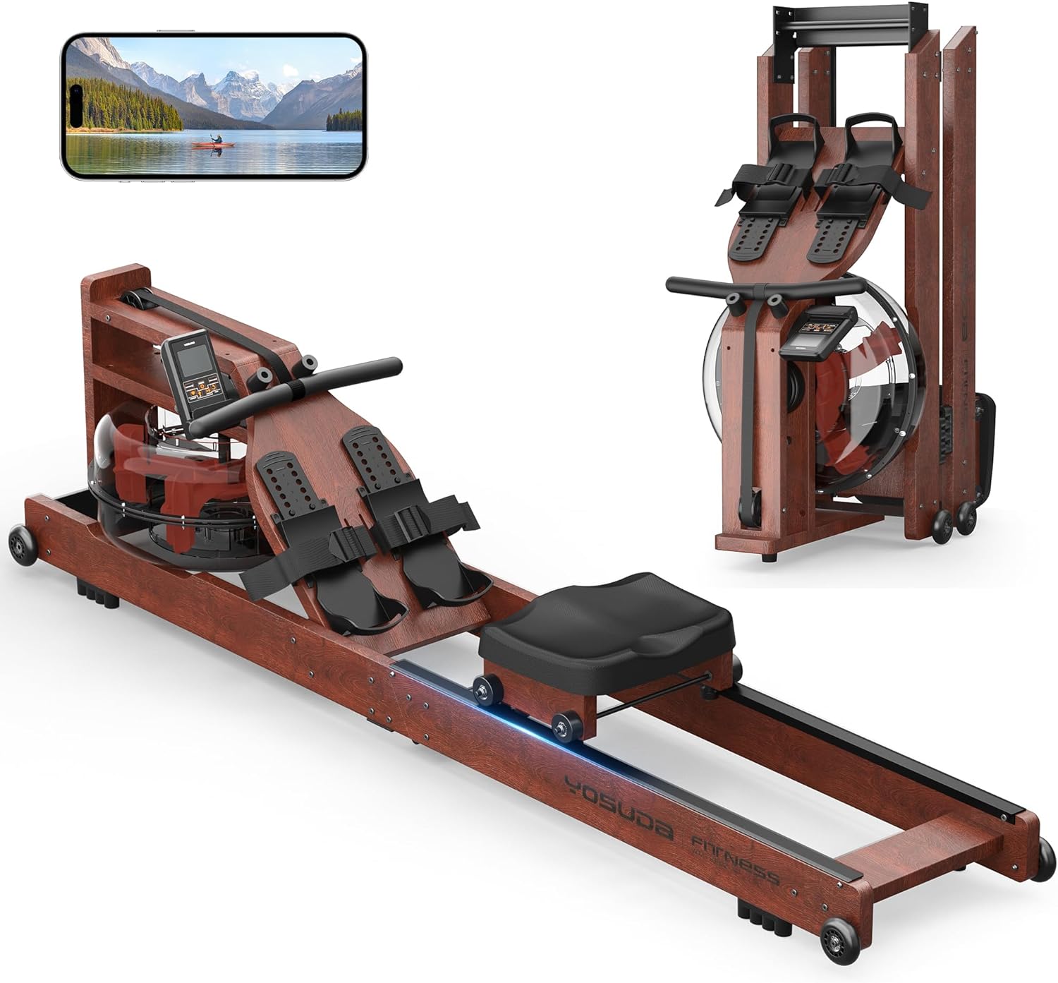 YOSUDA Water Rowing Machines for Home Use 400LBS Weight Capacity- Wooden Foldable Rower Machine with Professional Monitor  Bluetooth APP