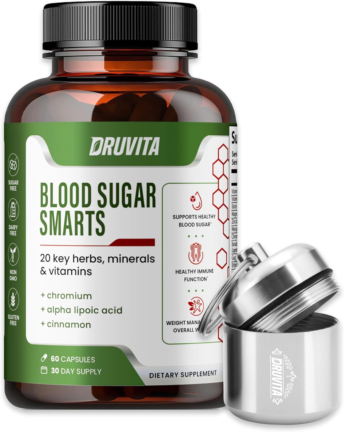 Blood Sugar Smarts Dietary Supplement 20 Key Herbs, Minerals  Vitamins with Chromium, ALA, Cinnamon  Bitter Melon for Men Women Non-GMO Natural (60 Capsules + 1 Portable Container)