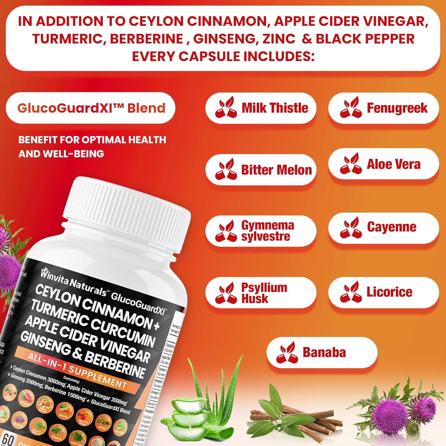 Ceylon Cinnamon 3000mg Apple Cider Vinegar 3000mg Turmeric 2000mg Panax Ginseng 2000mg Berberine 1500mg for Digestion  Gluco Health Support, Bitter Melon Gymnema Milk Thistle Fenugreek Vegan Caps USA