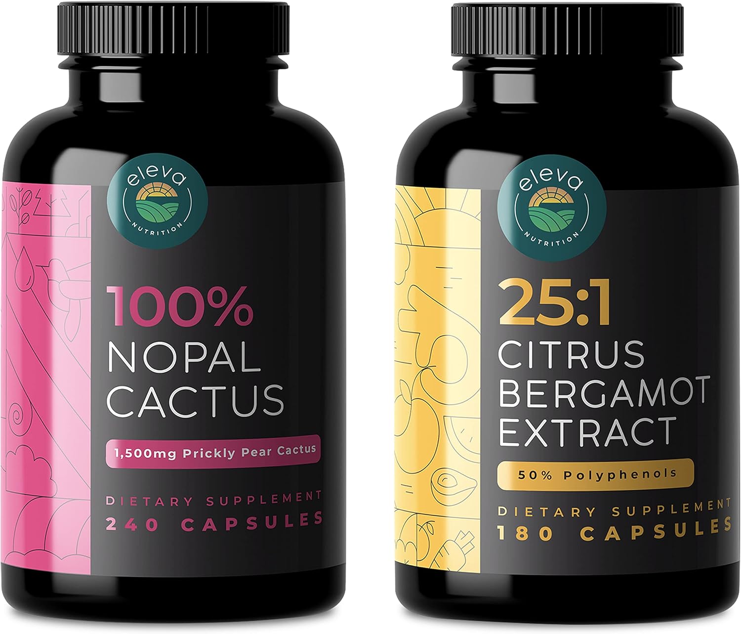 Citrus Bergamot  Nopal Cactus Bundle, 180 Capsules of Citrus Bergamot, 240 Capsules of Nopal Cactus, 1500 Mg of Sun-Dried Prickly Pear Cactus with Black Pepper Extract, 1000 Mg of Bergamot Extract