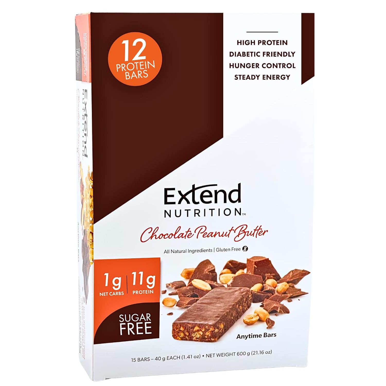 Extend Nutrition Sugar Free Keto Bars, Perfect Diabetic Snacks for Adults and Kids, High Protein Bars for Hunger Control  Steady Energy, Low Carb, Keto Friendly, Chocolate Peanut Butter, 12 Count