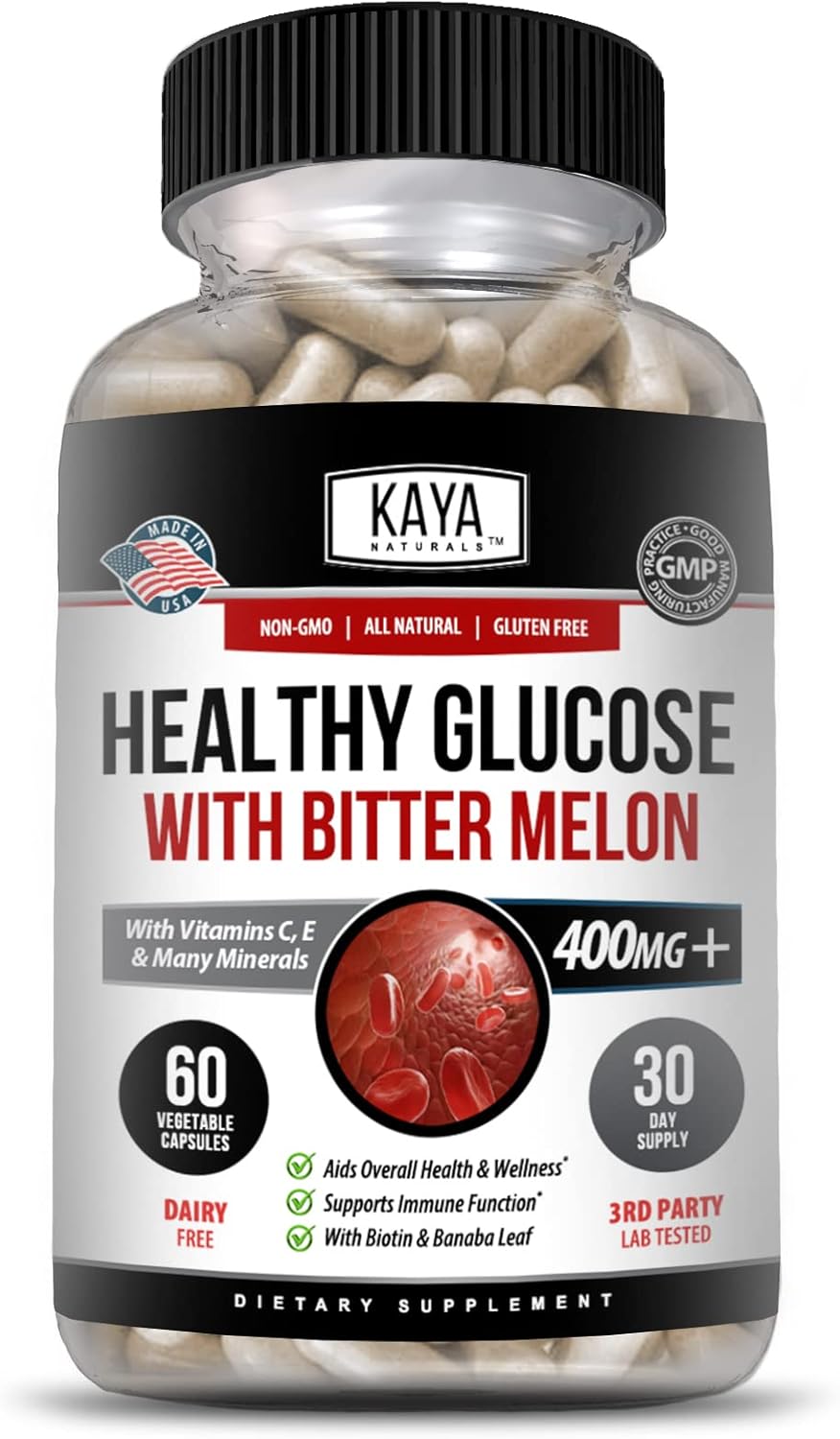 Kaya Naturals Healthy Gluco with Bittermelon Supplement | Support Healthy Levels and Function, 20 Herbs Vitamins and Minerals, Alpha Lipoic Acide, Cinnamon, Vitamin C  E, Non-GMO (60 Count)