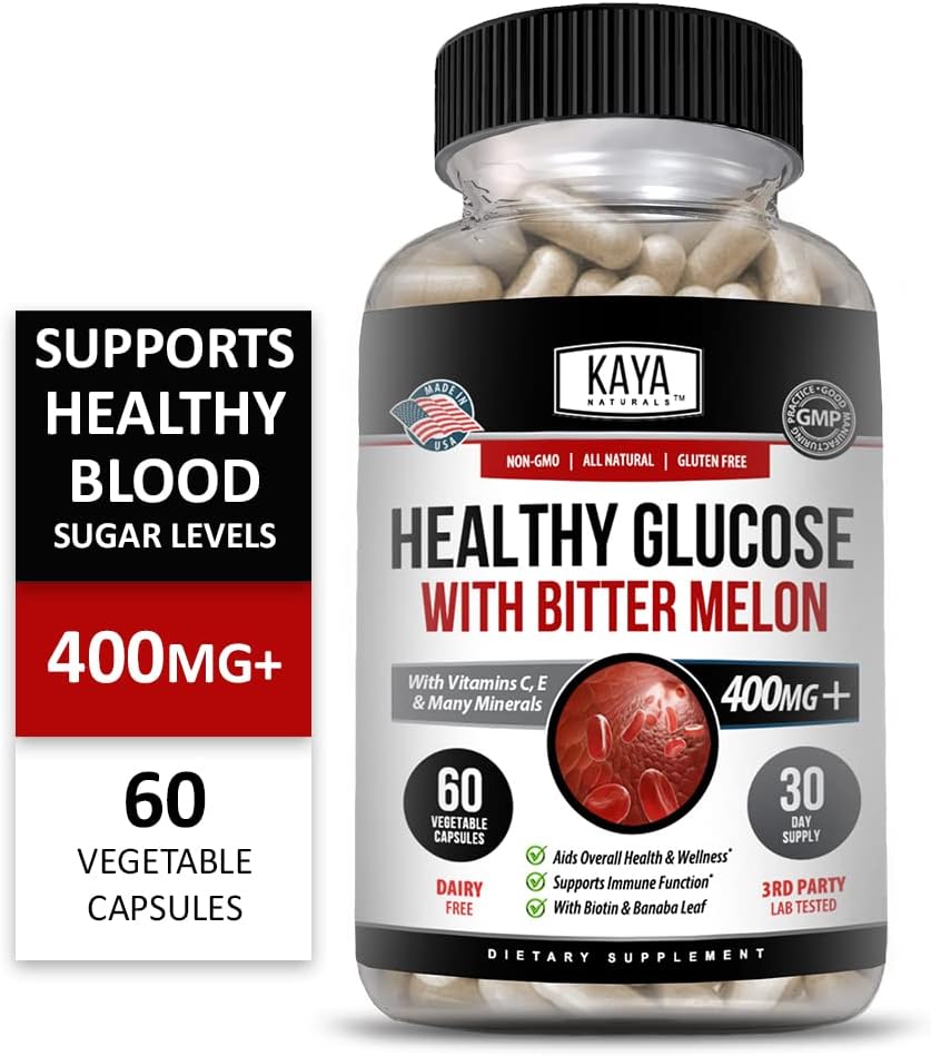 Kaya Naturals Healthy Gluco with Bittermelon Supplement | Support Healthy Levels and Function, 20 Herbs Vitamins and Minerals, Alpha Lipoic Acide, Cinnamon, Vitamin C  E, Non-GMO (60 Count)