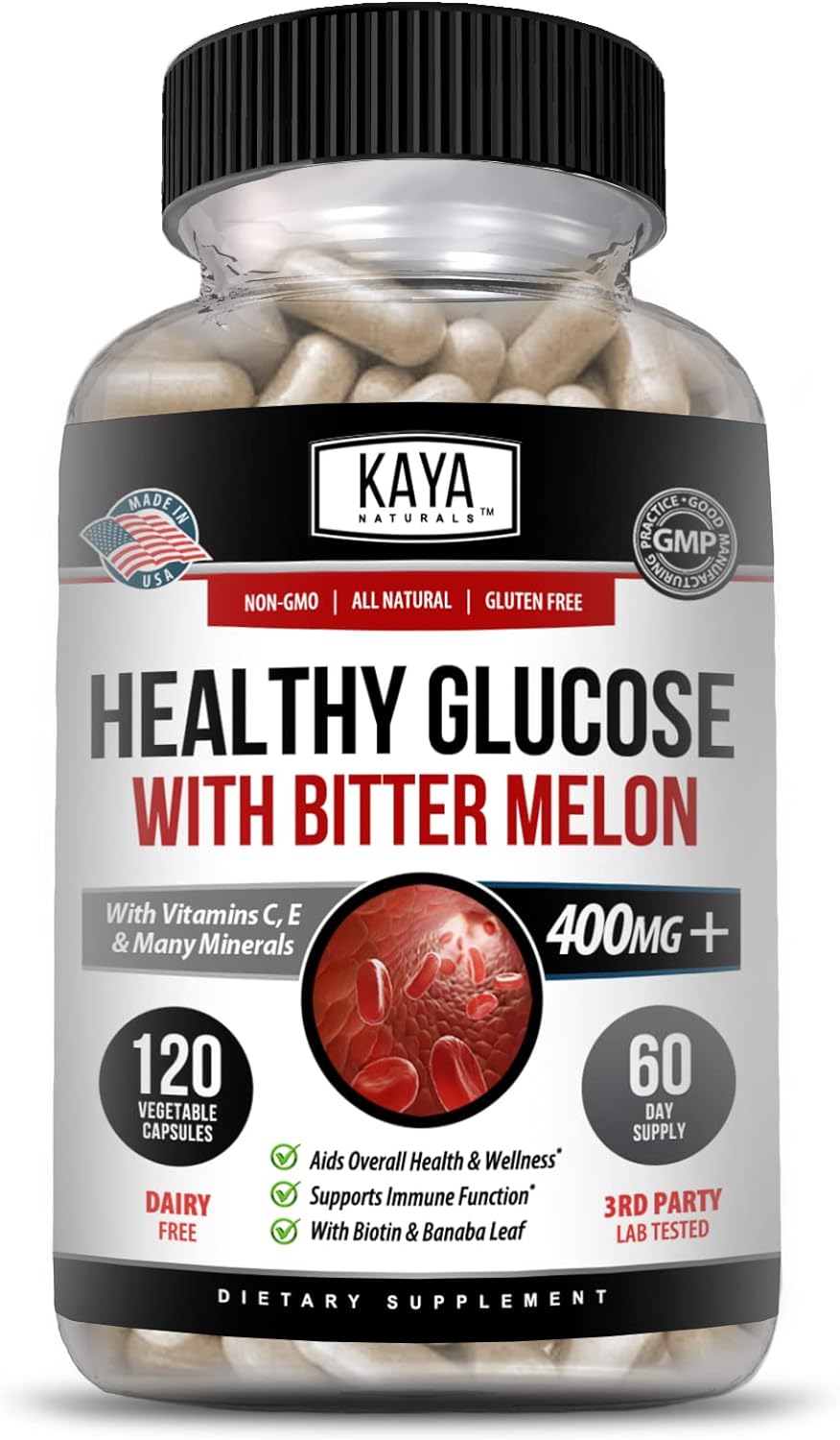 Kaya Naturals Healthy Gluco with Bittermelon Supplement | Support Healthy Levels and Function, 20 Herbs Vitamins and Minerals, Alpha Lipoic Acide, Cinnamon, Vitamin C  E, Non-GMO (120 Count)