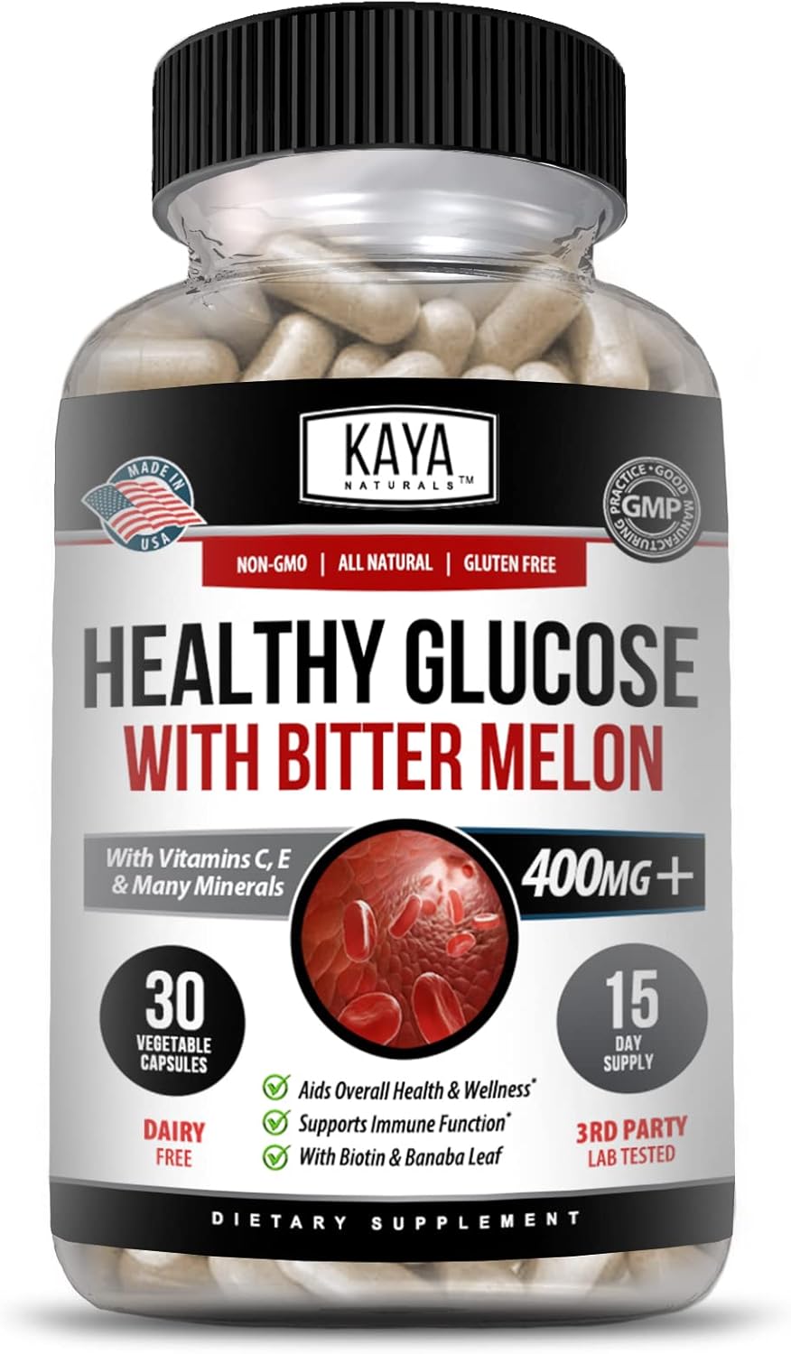 Kaya Naturals Healthy Gluco with Bittermelon Supplement | Support Healthy Levels and Function, 20 Herbs Vitamins and Minerals, Alpha Lipoic Acide, Cinnamon, Vitamin C  E, Non-GMO (30 Count)