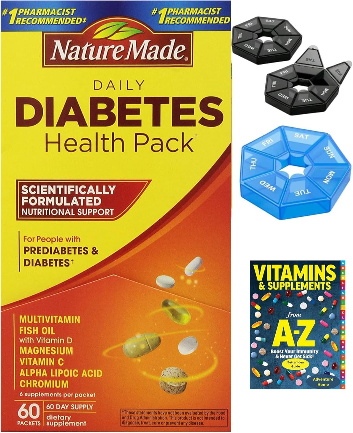 Nature Made Diabetes Health Pack, 60 Packets +Guide Vitamins Supplements Free Cannot + (1) Pill Organize Free