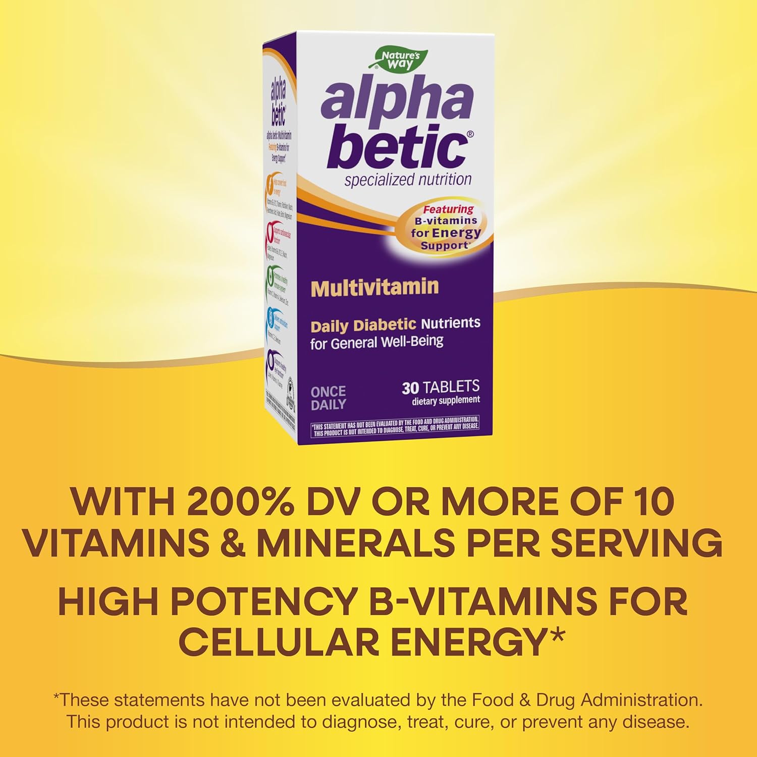 Natures Way alpha betic, Diabetic Multivitamin for Daily Nutritional Support, with B-Vitamins for Energy Metabolism Support*, Alpha Lipoic Acid, Taurine, Lutein, 30 Tablets