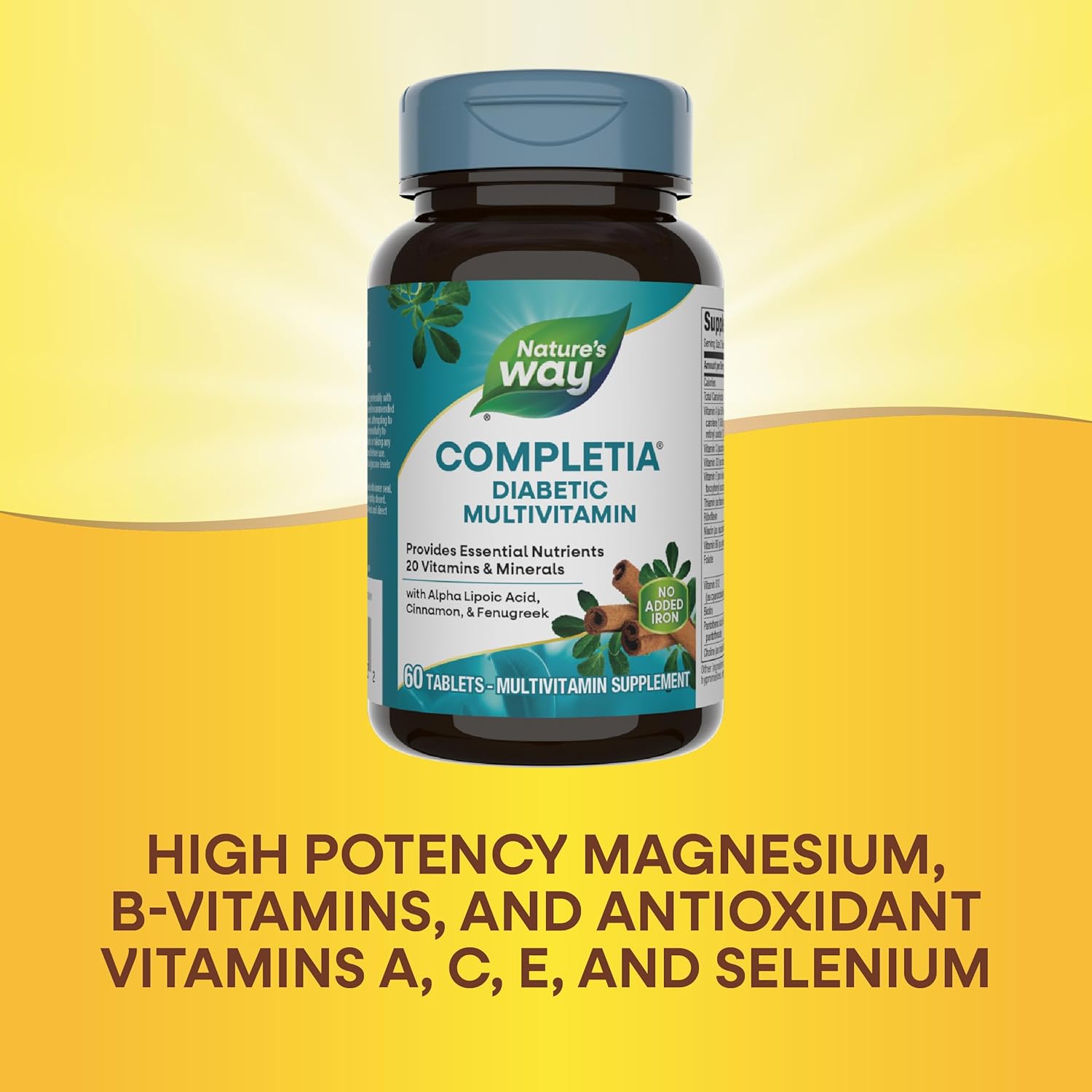 Natures Way Completia Diabetic Multivitamin, Provides Essential Nutrients, with Alpha Lipoic Acid, Cinnamon, Fenugreek, Taurine, Lutein, High Potency B-Vitamins, 60 Tablets (Packaging May Vary)