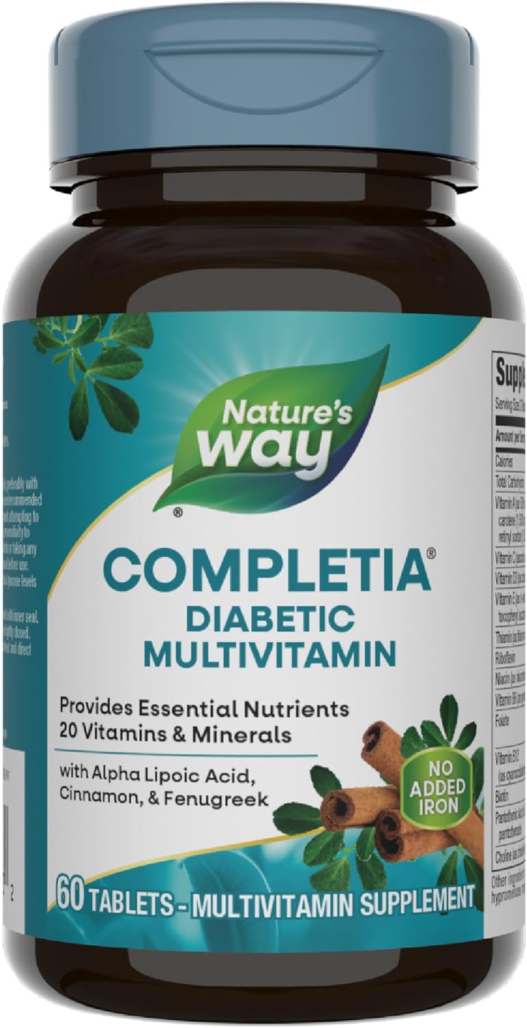 Natures Way Completia Diabetic Multivitamin, Provides Essential Nutrients, with Alpha Lipoic Acid, Cinnamon, Fenugreek, Taurine, Lutein, High Potency B-Vitamins, 60 Tablets (Packaging May Vary)