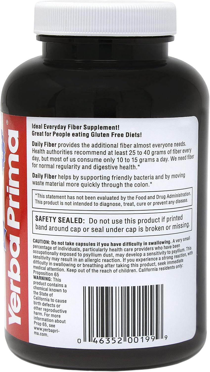 Yerba Prima Daily Fiber Caps - 180 Capsules - Soluble  Insoluble Dietary Fiber Supplement - Colon Cleanse - Gut Health - Vegan, Non-GMO, Gluten-Free